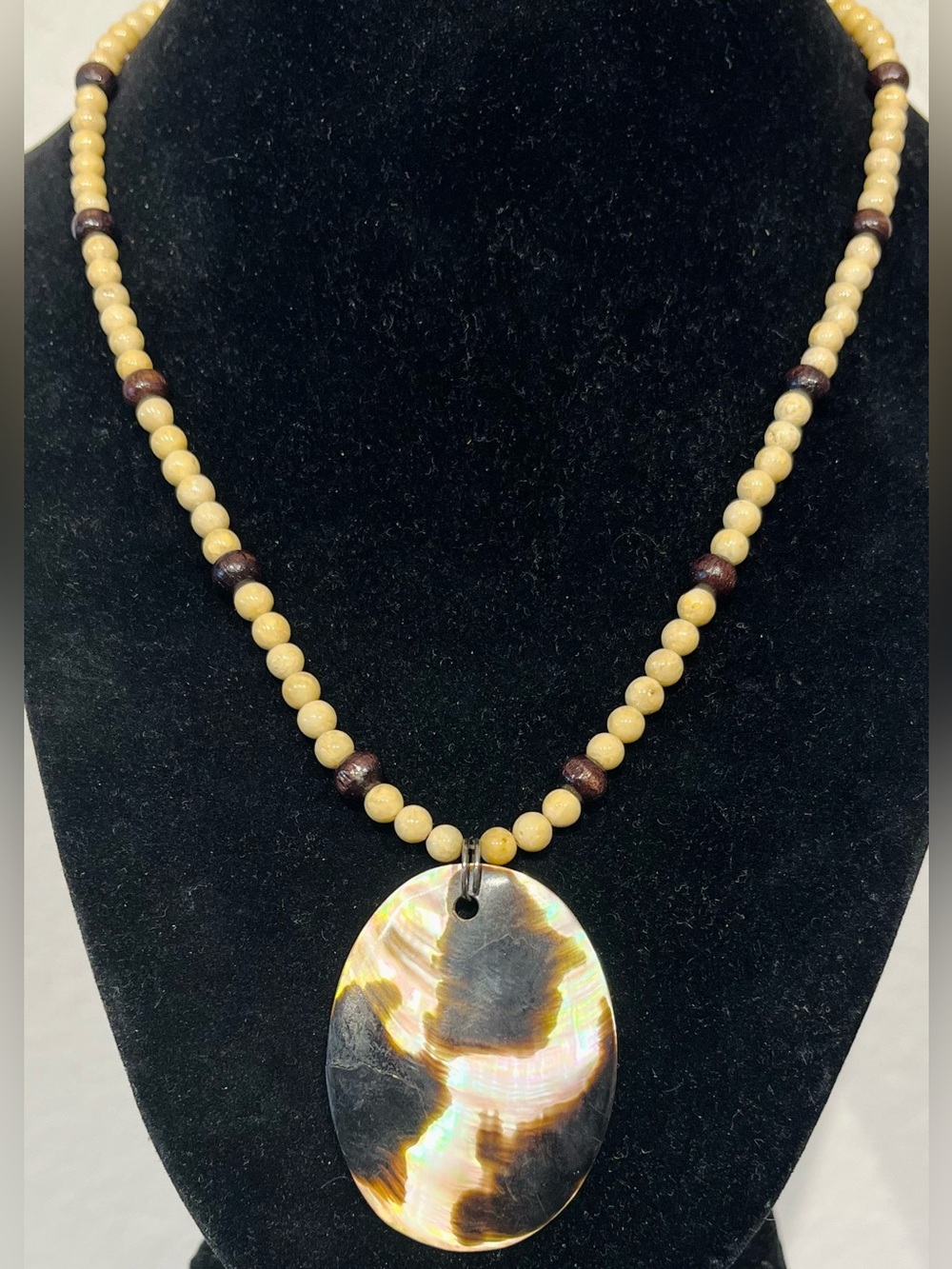 Handmade Beaded Mother-of-Pearl Pendant Necklace in Cream and Brown